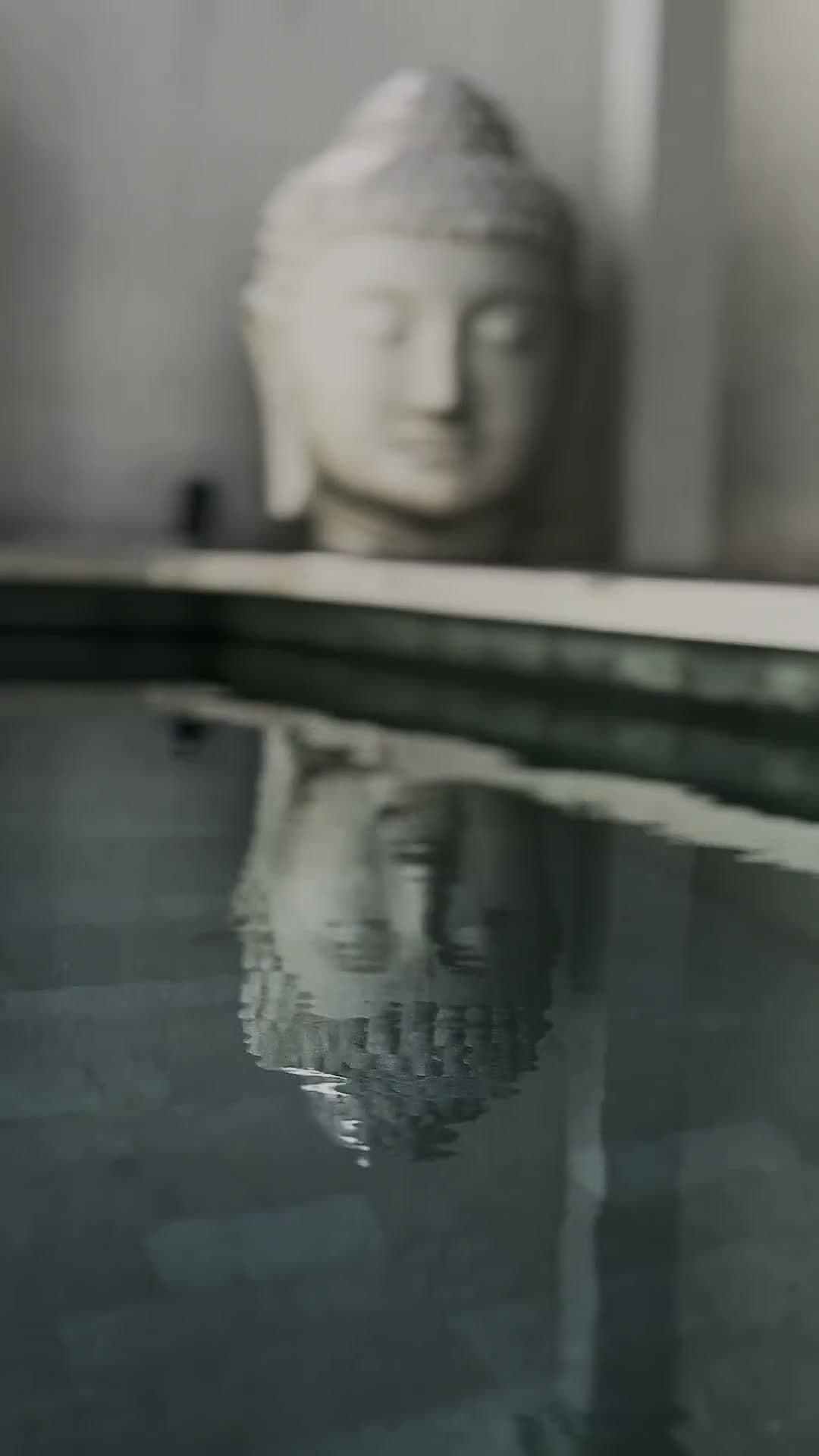 A stone Buddha head beside the still villa pool